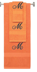 Orange monogrammed towel set with Black thread, Diana Script font, initial M - 540 GSM cotton 3-piece