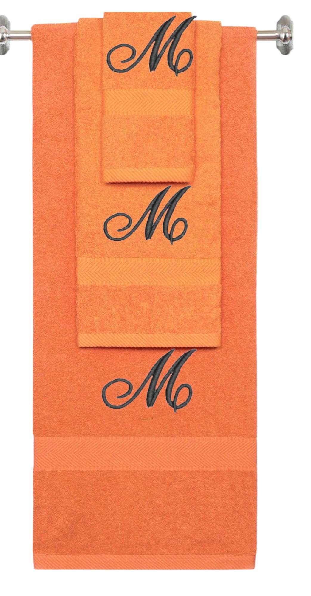 Orange monogrammed towel set with Black thread, Diana Script font, initial M - 540 GSM cotton 3-piece