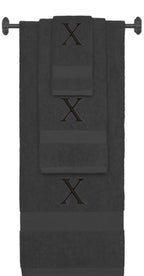 Charcoal monogrammed towel set with Black thread, Times New Roman font, initial X - 540 GSM cotton 3-piece