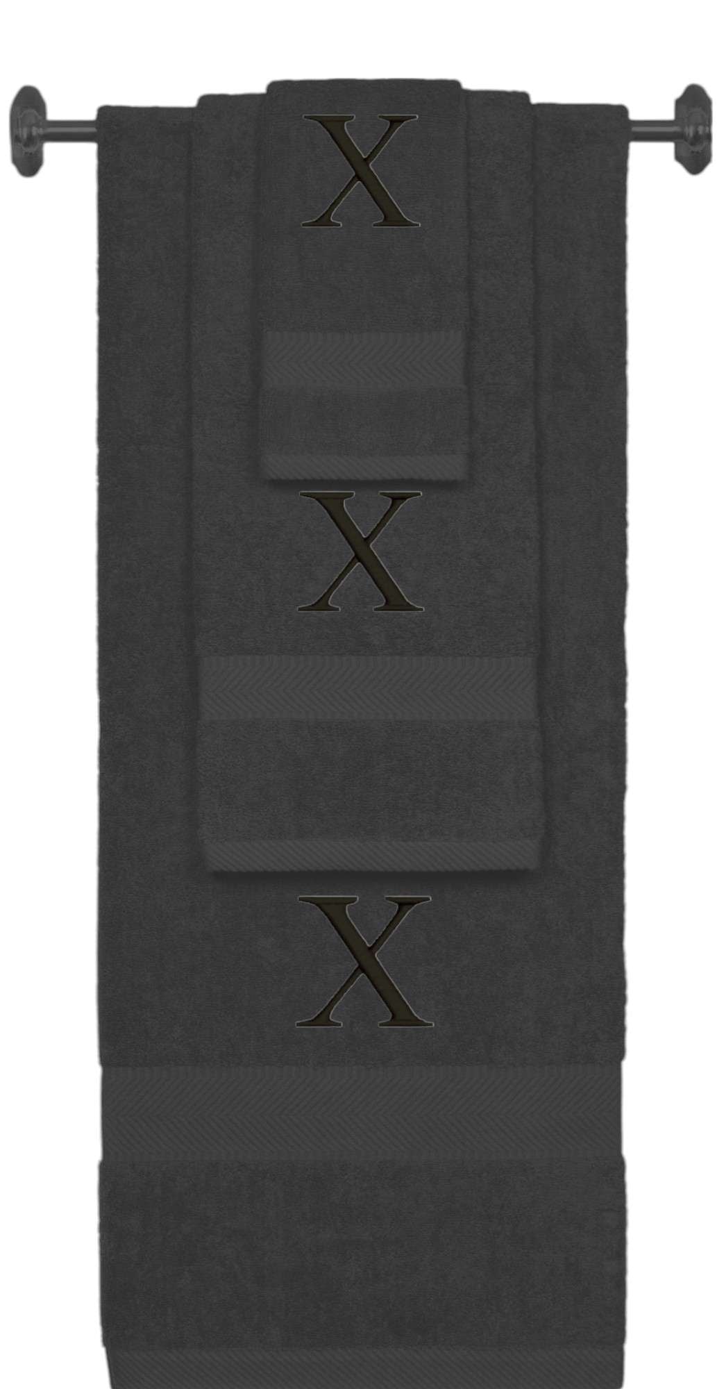 Charcoal monogrammed towel set with Black thread, Times New Roman font, initial X - 540 GSM cotton 3-piece