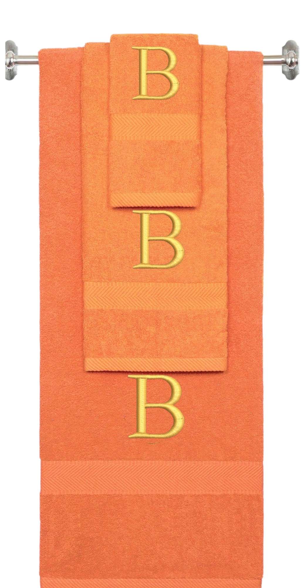 Orange monogrammed towel set with Gold thread, Times New Roman font, initial B - 540 GSM cotton 3-piece