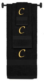 Black monogrammed towel set with Gold thread, Chancery font, initial C - 540 GSM cotton 3-piece