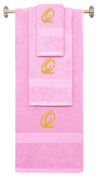 Pink monogrammed towel set with Gold thread, Diana Script font, initial Q - 540 GSM cotton 3-piece