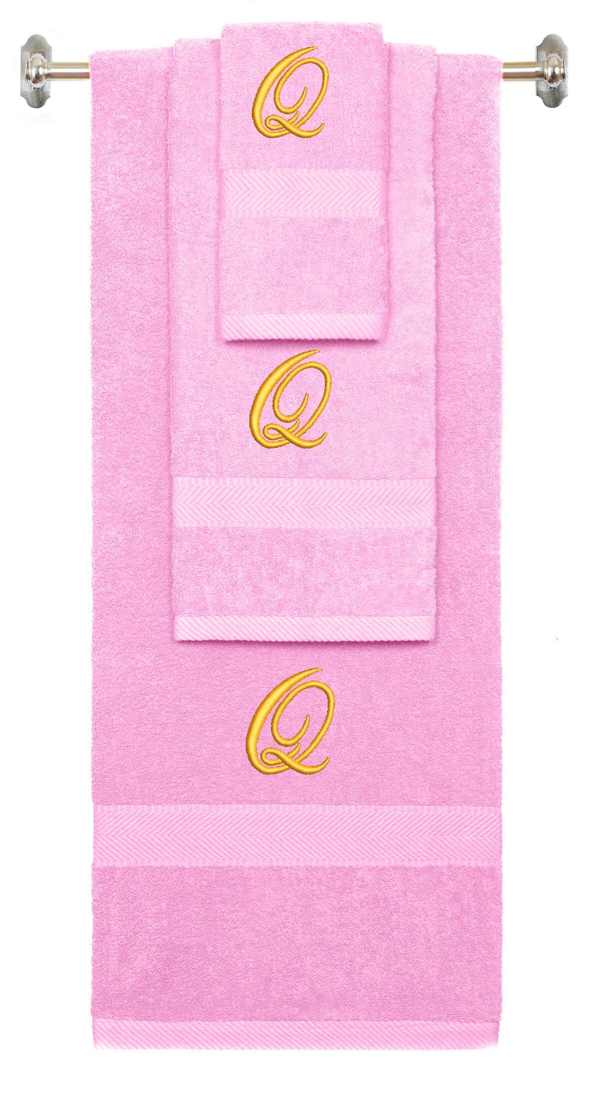 Pink monogrammed towel set with Gold thread, Diana Script font, initial Q - 540 GSM cotton 3-piece