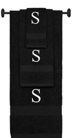 Black monogrammed towel set with White thread, Times New Roman font, initial S - 540 GSM cotton 3-piece