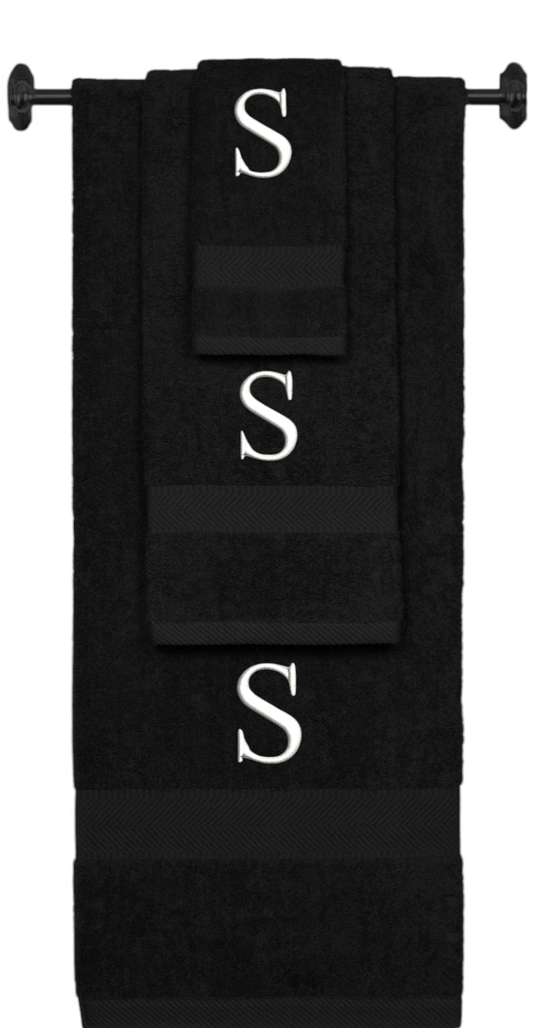 Black monogrammed towel set with White thread, Times New Roman font, initial S - 540 GSM cotton 3-piece