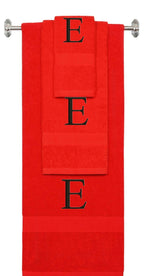 Red monogrammed towel set with Black thread, Times New Roman font, initial E - 540 GSM cotton 3-piece