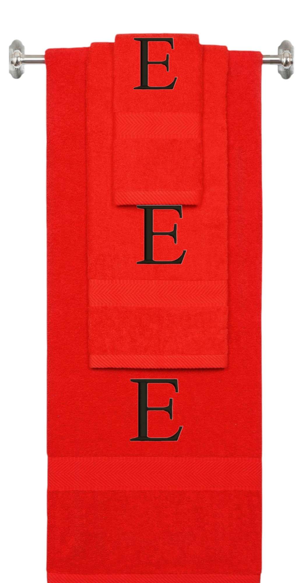 Red monogrammed towel set with Black thread, Times New Roman font, initial E - 540 GSM cotton 3-piece