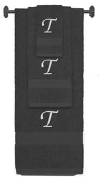 Charcoal monogrammed towel set with Silver thread, Chancery font, initial T - 540 GSM cotton 3-piece