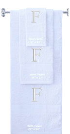 White monogrammed towel set with Silver thread, Times New Roman font, initial F - 540 GSM cotton 3-piece