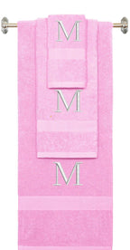 Pink monogrammed towel set with White thread, Times New Roman font, initial M - 540 GSM cotton 3-piece