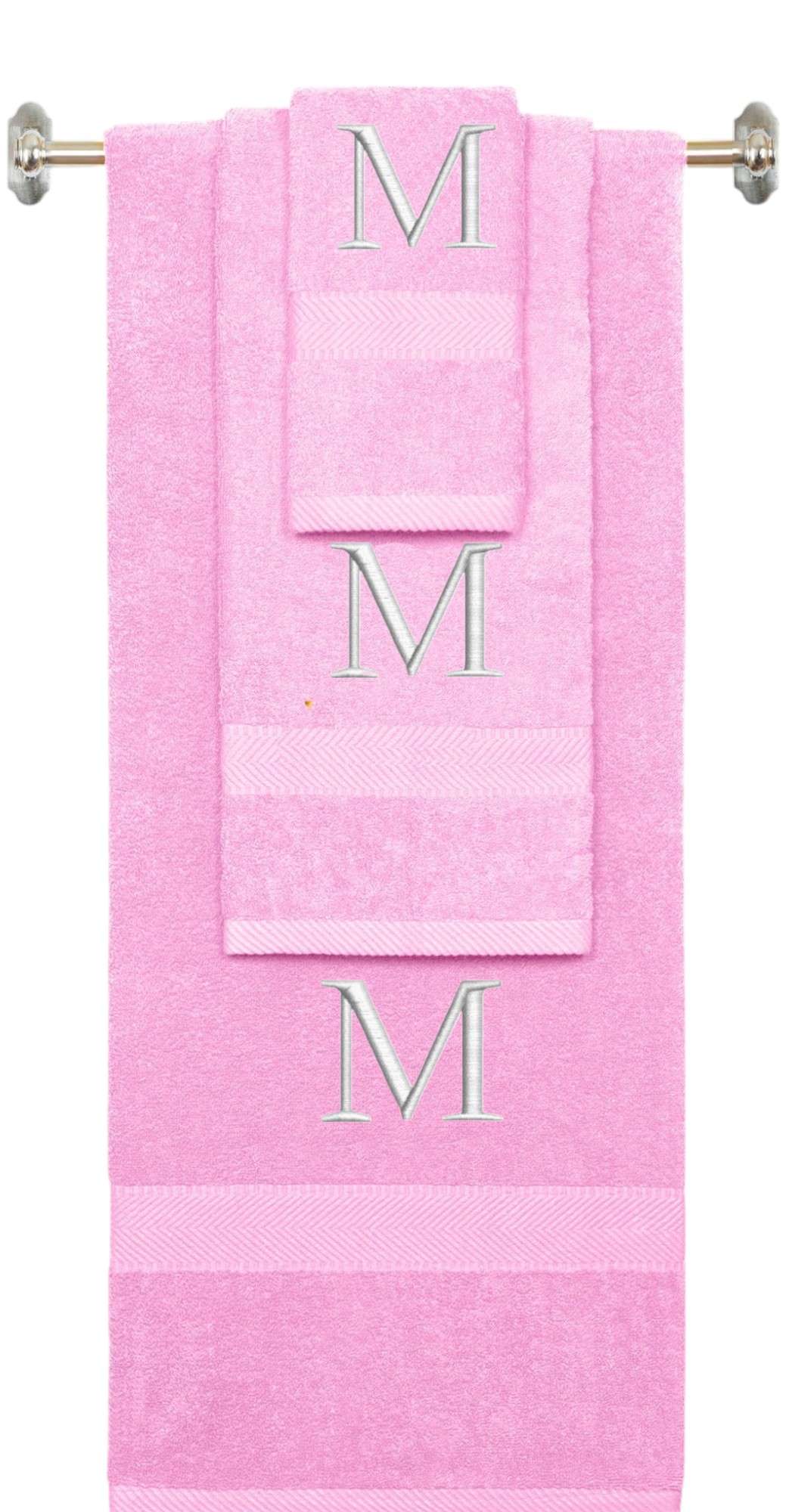 Pink monogrammed towel set with White thread, Times New Roman font, initial M - 540 GSM cotton 3-piece