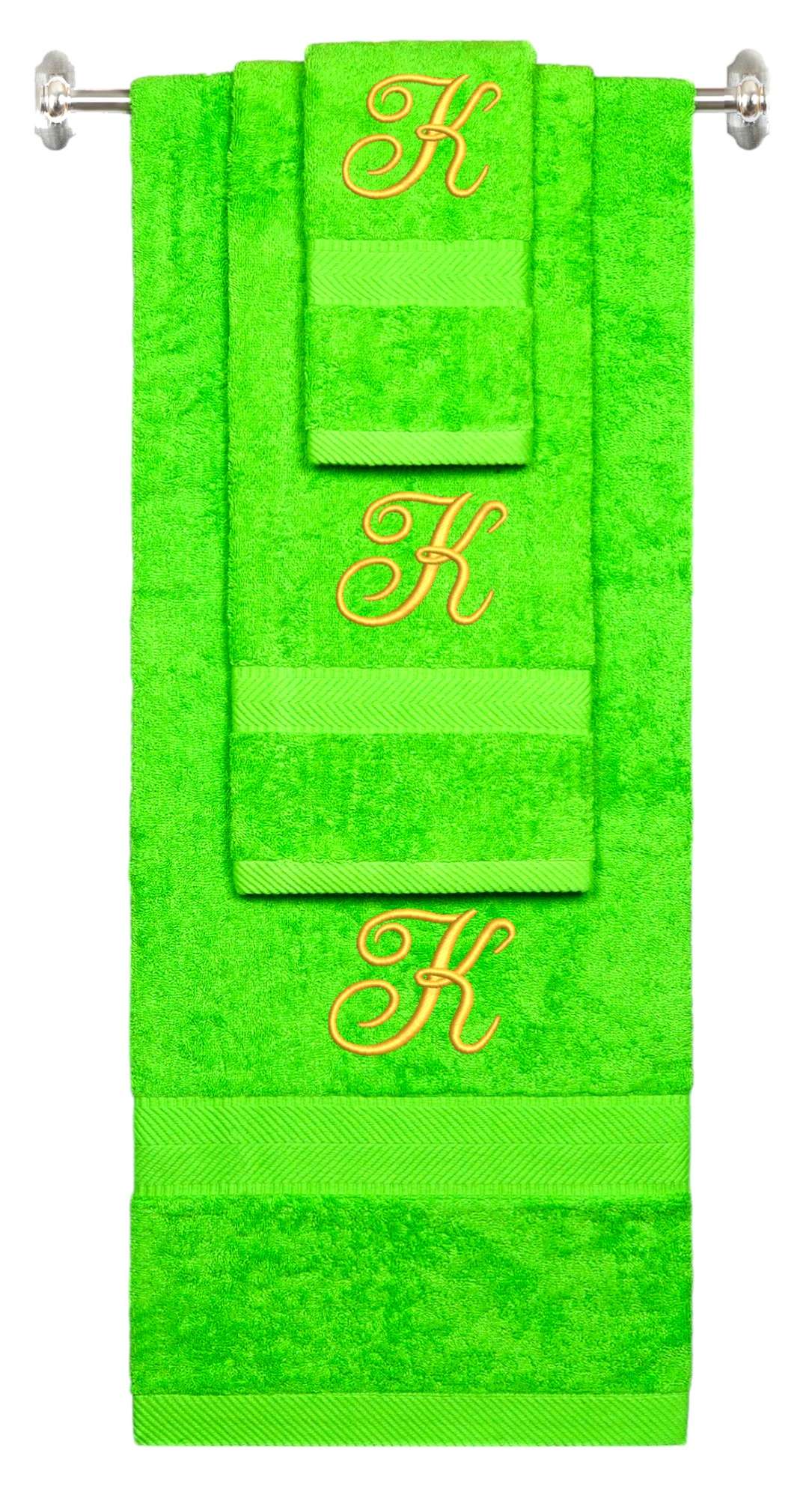Lime monogrammed towel set with Gold thread, Diana Script font, initial K - 540 GSM cotton 3-piece