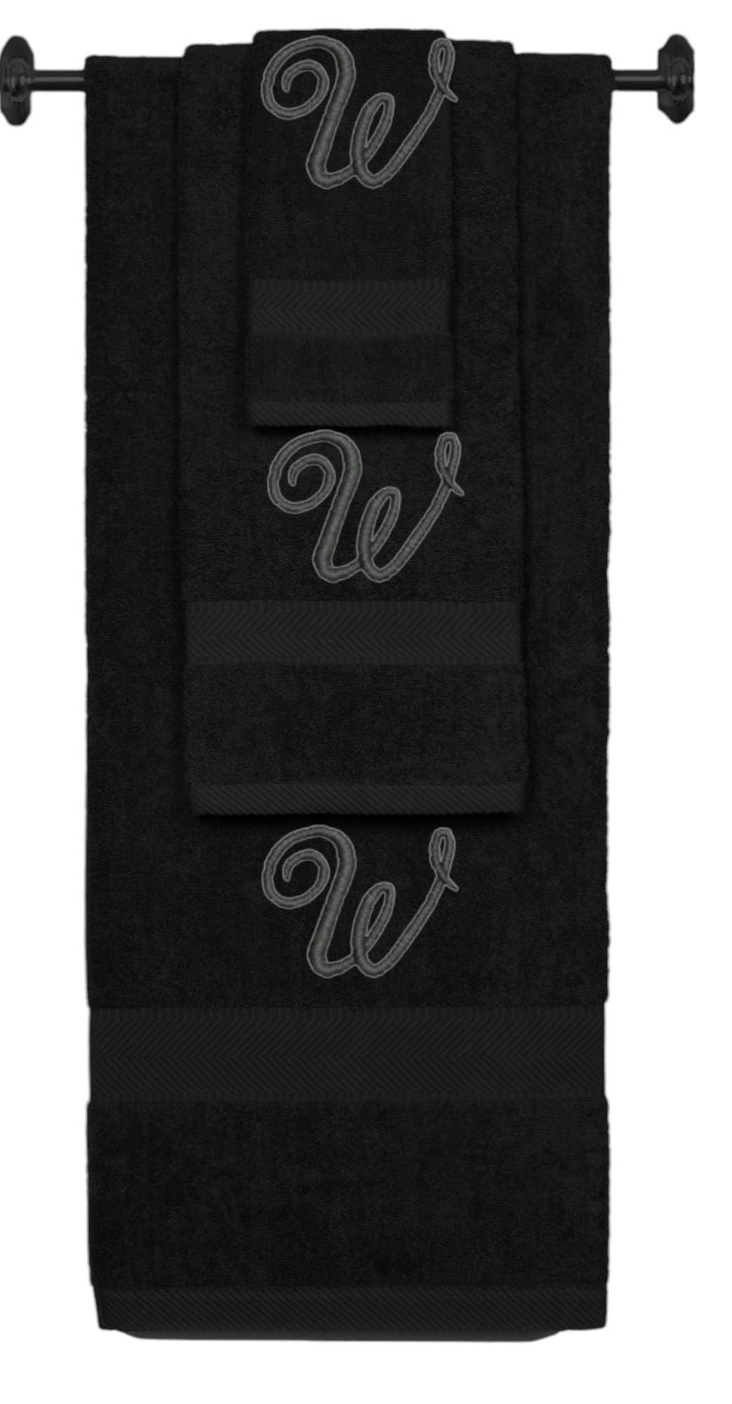 Black monogrammed towel set with Black thread, Diana Script font, initial W - 540 GSM cotton 3-piece