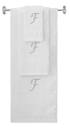 White monogrammed towel set with Silver thread, Chancery font, initial E - 540 GSM cotton 3-piece