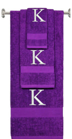 Purple monogrammed towel set with Silver thread, Times New Roman font, initial K - 540 GSM cotton 3-piece