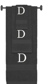 Charcoal monogrammed towel set with White thread, Times New Roman font, initial D - 540 GSM cotton 3-piece