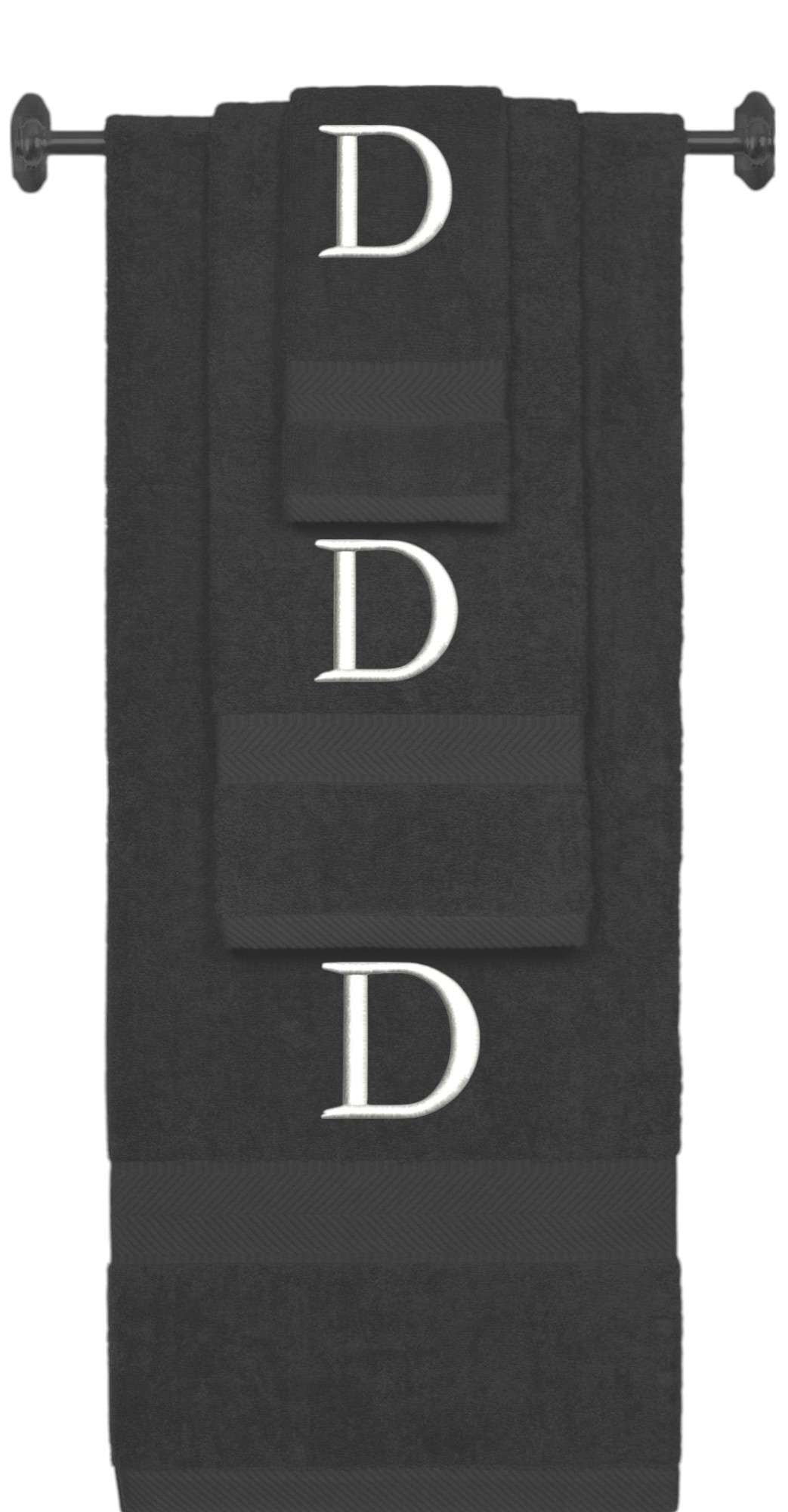 Charcoal monogrammed towel set with White thread, Times New Roman font, initial D - 540 GSM cotton 3-piece