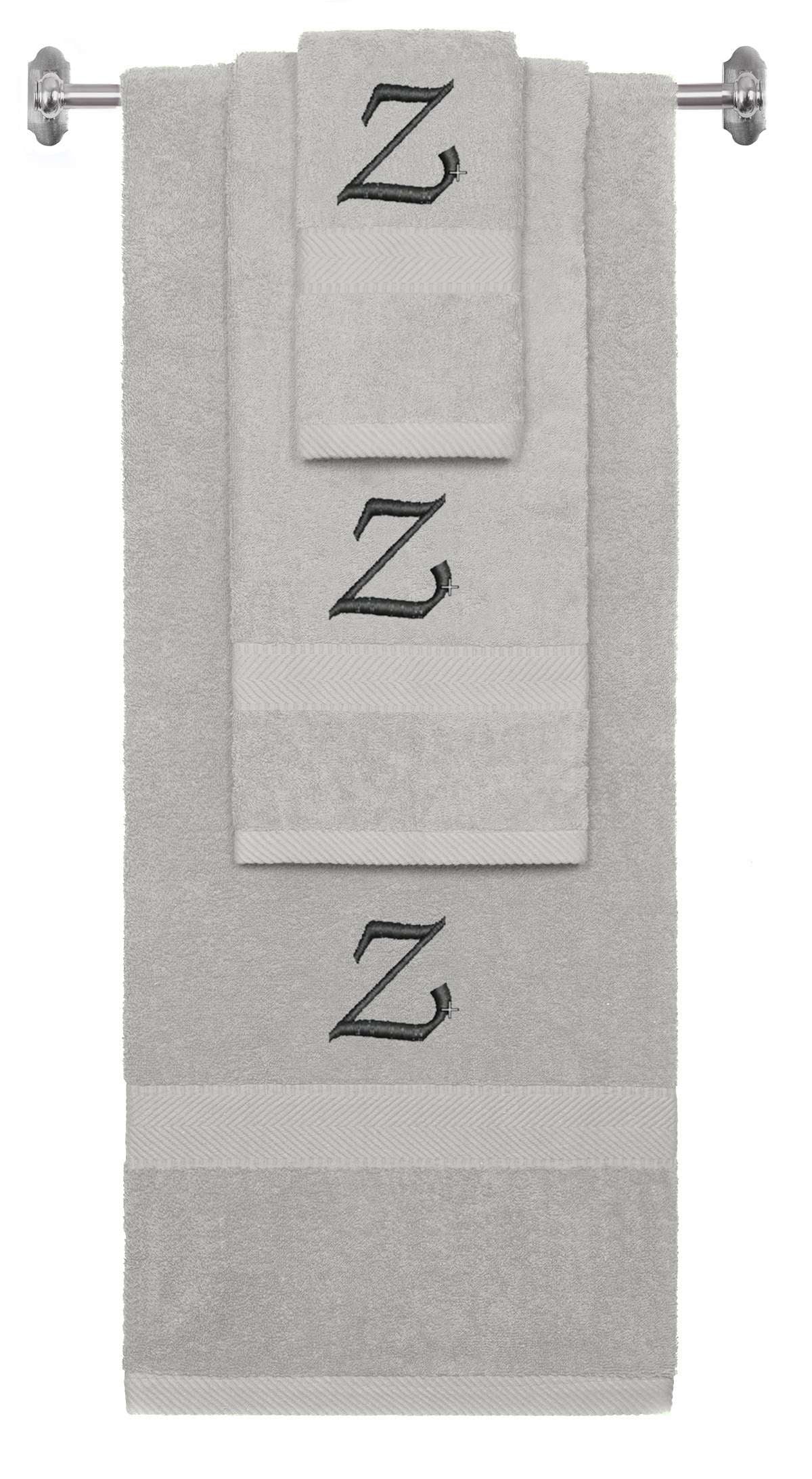 Silver monogrammed towel set with Black thread, Chancery font, initial Z - 540 GSM cotton 3-piece