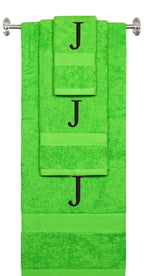 Lime monogrammed towel set with Black thread, Times New Roman font, initial J - 540 GSM cotton 3-piece