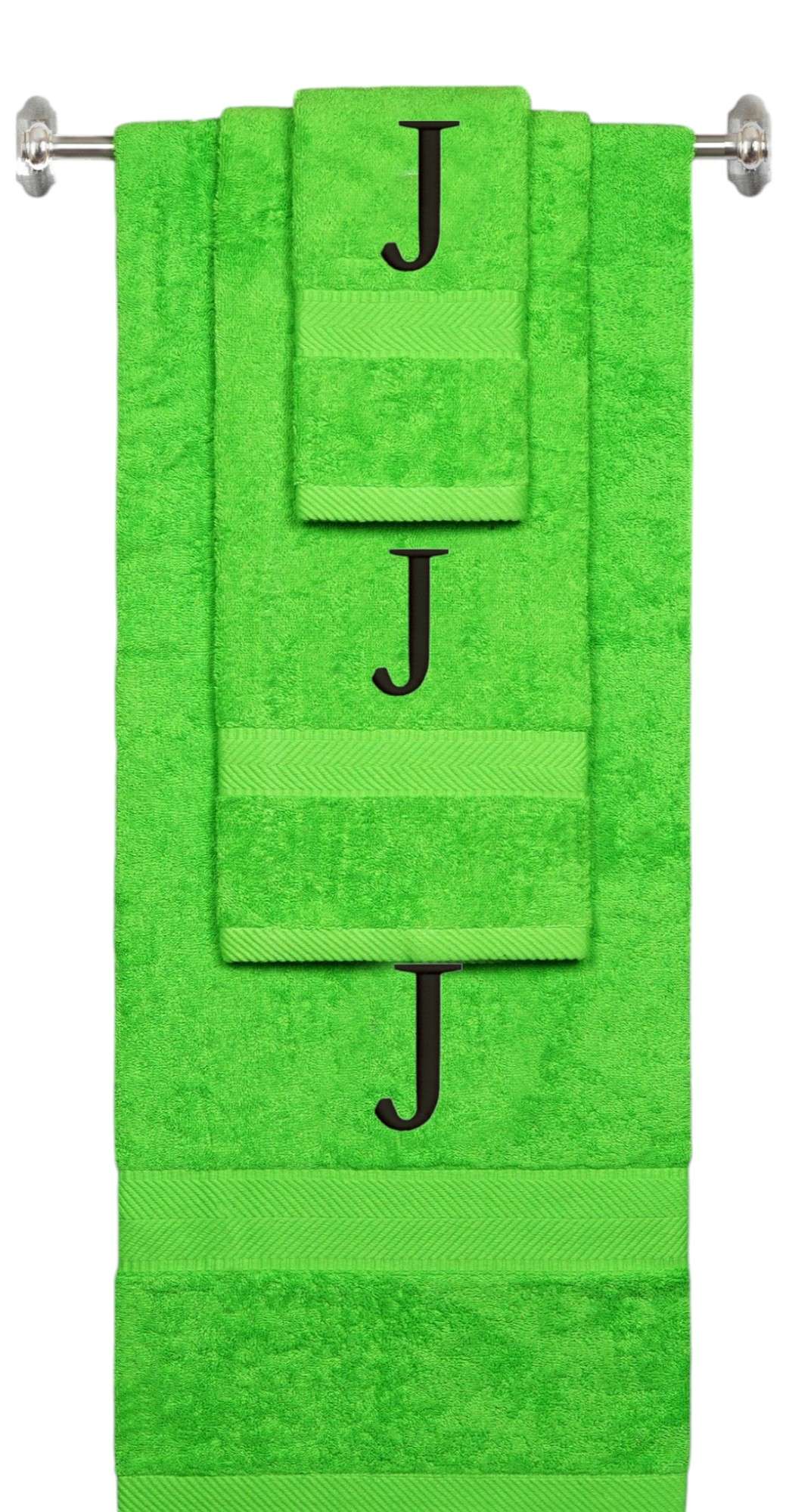 Lime monogrammed towel set with Black thread, Times New Roman font, initial J - 540 GSM cotton 3-piece