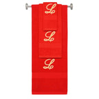 Red monogrammed towel set with Gold thread, Diana Script font, initial L - 540 GSM cotton 3-piece