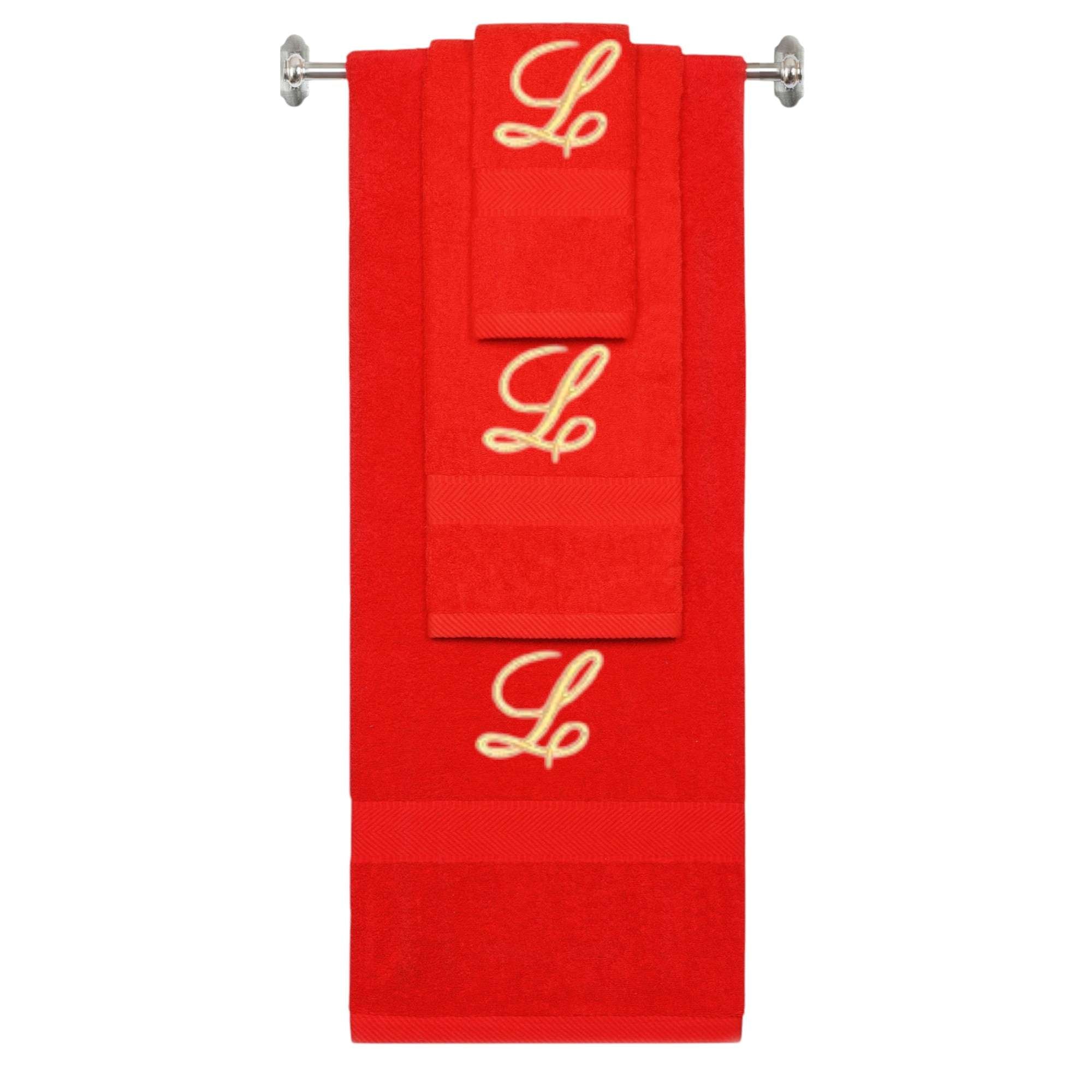 Red monogrammed towel set with Gold thread, Diana Script font, initial L - 540 GSM cotton 3-piece