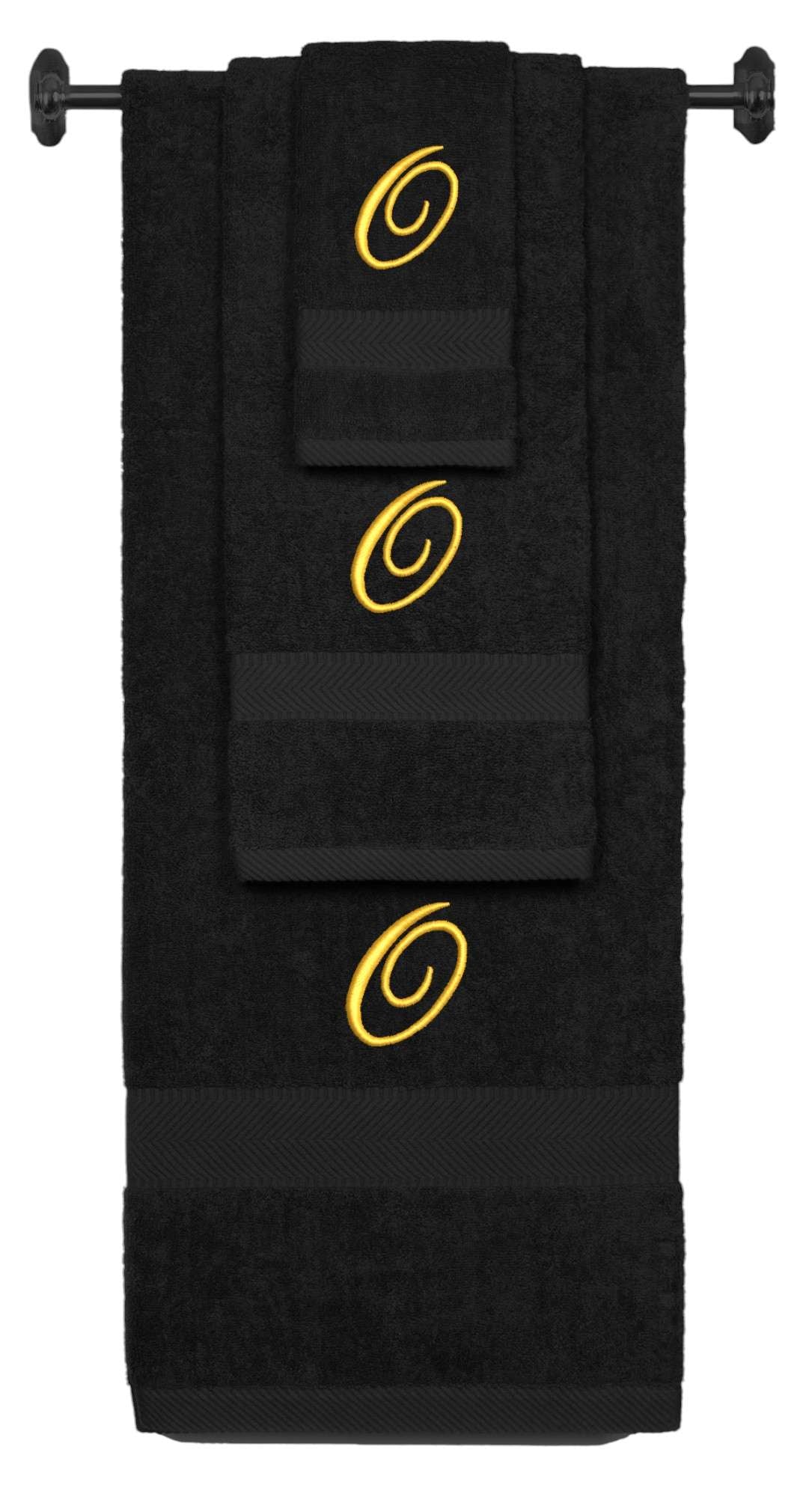 Black monogrammed towel set with Gold thread, Diana Script font, initial O - 540 GSM cotton 3-piece