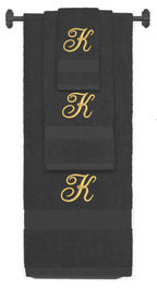 Charcoal monogrammed towel set with Gold thread, Diana Script font, initial K - 540 GSM cotton 3-piece