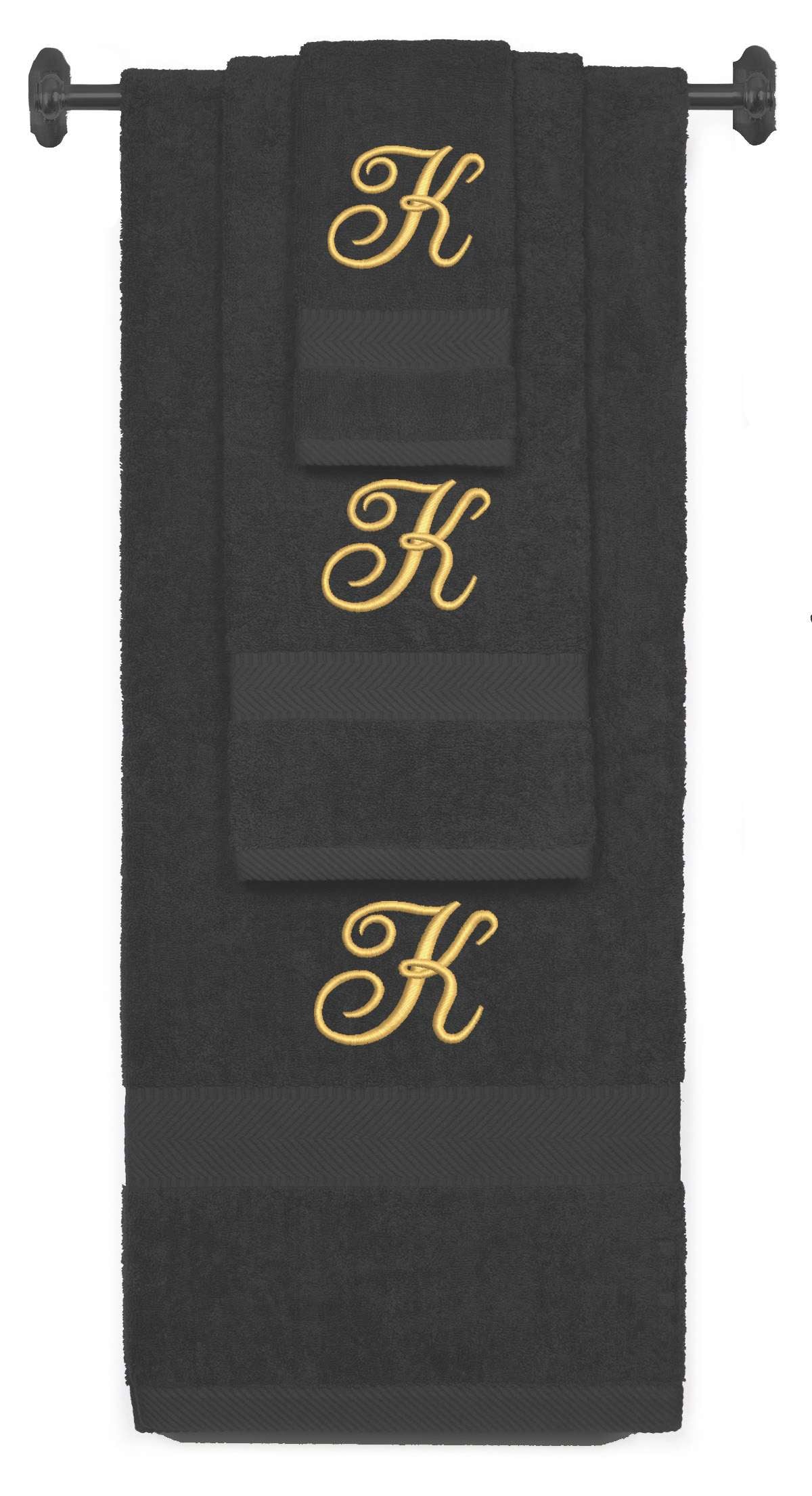 Charcoal monogrammed towel set with Gold thread, Diana Script font, initial K - 540 GSM cotton 3-piece