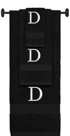 Black monogrammed towel set with Silver thread, Times New Roman font, initial D - 540 GSM cotton 3-piece