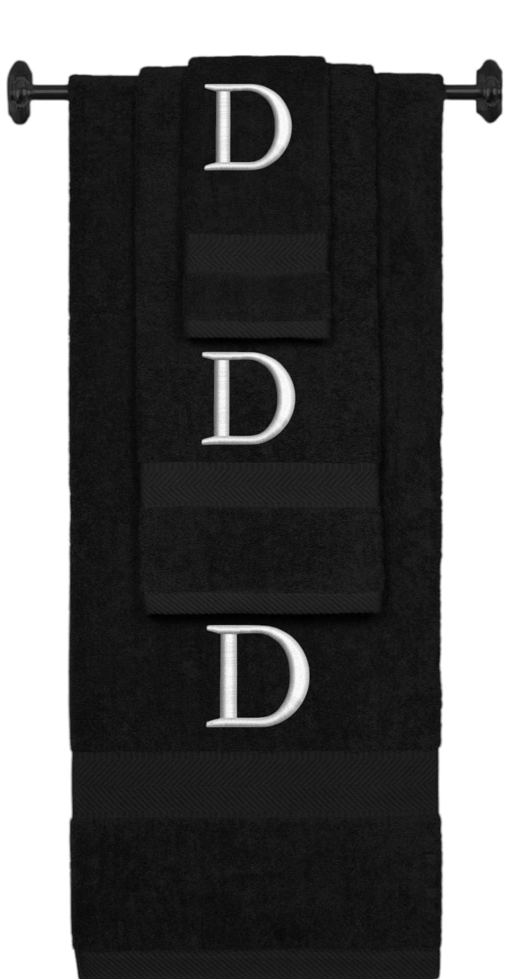 Black monogrammed towel set with Silver thread, Times New Roman font, initial D - 540 GSM cotton 3-piece
