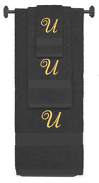 Charcoal monogrammed towel set with Gold thread, Diana Script font, initial U - 540 GSM cotton 3-piece
