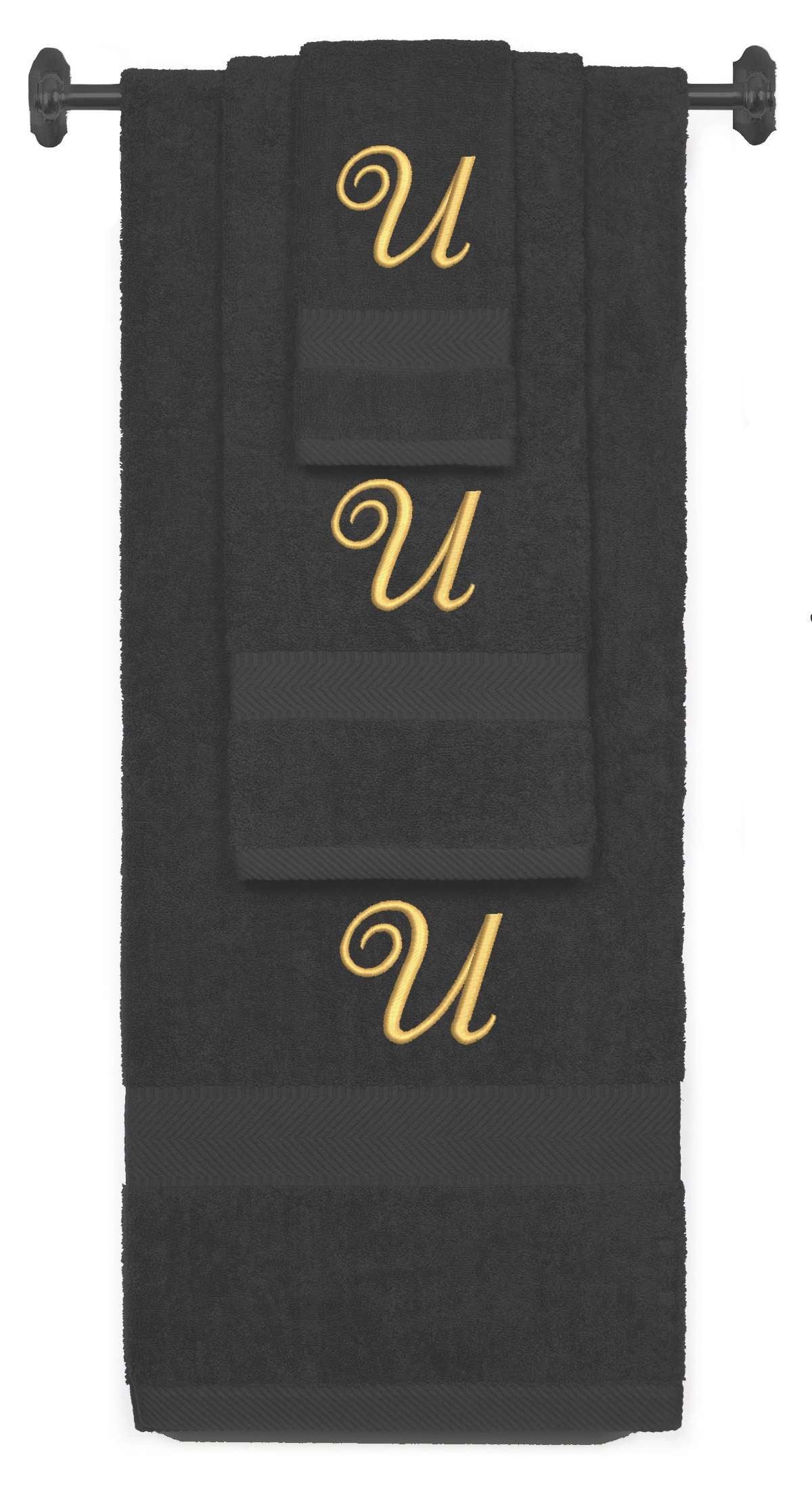 Charcoal monogrammed towel set with Gold thread, Diana Script font, initial U - 540 GSM cotton 3-piece