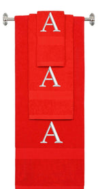 Red monogrammed towel set with Silver thread, Times New Roman font, initial A - 540 GSM cotton 3-piece