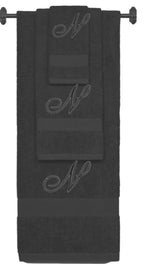 Charcoal monogrammed towel set with Black thread, Diana Script font, initial N - 540 GSM cotton 3-piece