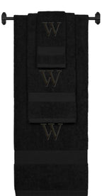 Black monogrammed towel set with Black thread, Times New Roman font, initial W - 540 GSM cotton 3-piece