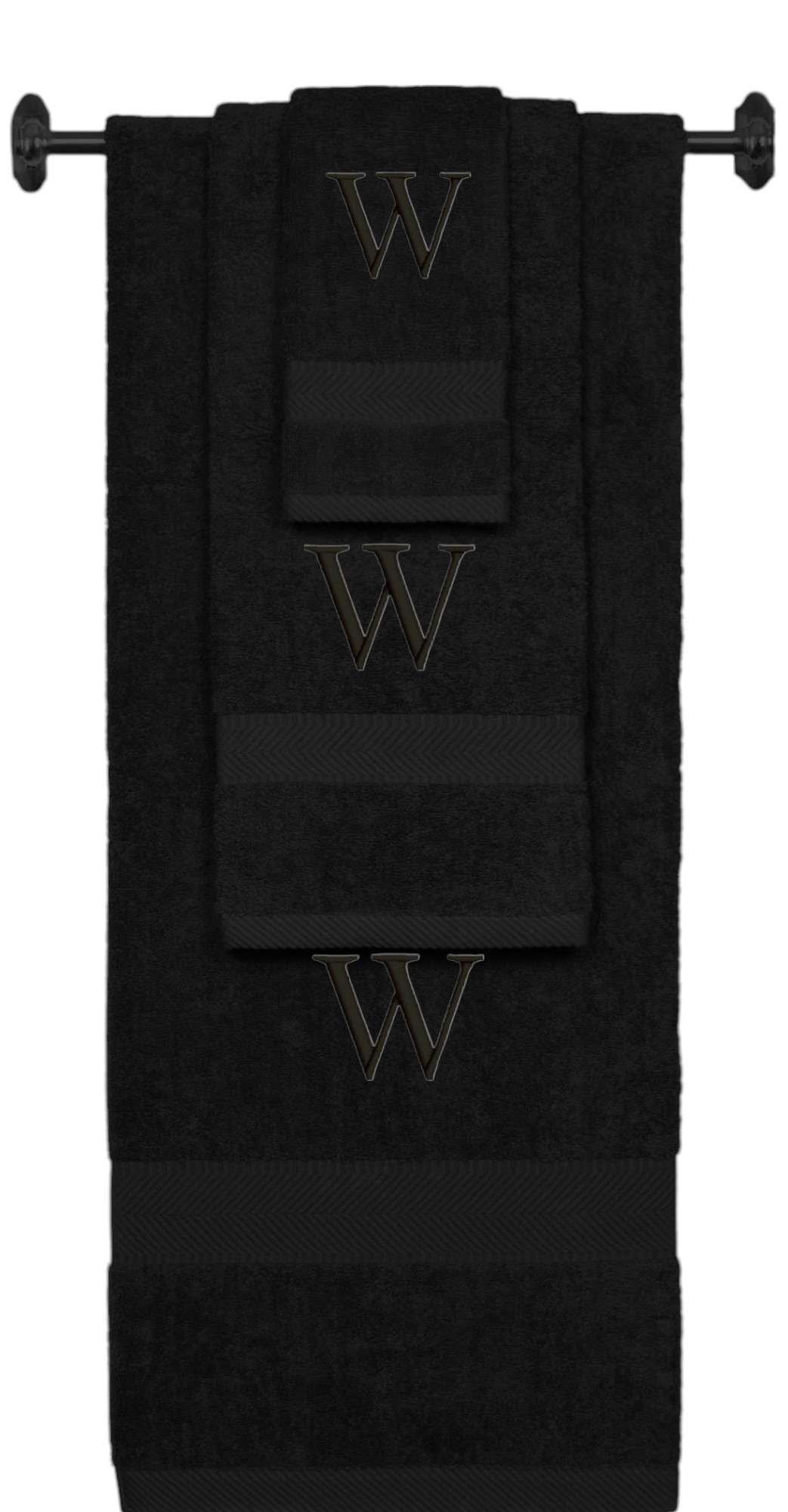 Black monogrammed towel set with Black thread, Times New Roman font, initial W - 540 GSM cotton 3-piece
