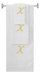 White monogrammed towel set with Gold thread, Chancery font, initial X - 540 GSM cotton 3-piece