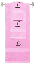 Pink monogrammed towel set with Black thread, Chancery font, initial L - 540 GSM cotton 3-piece