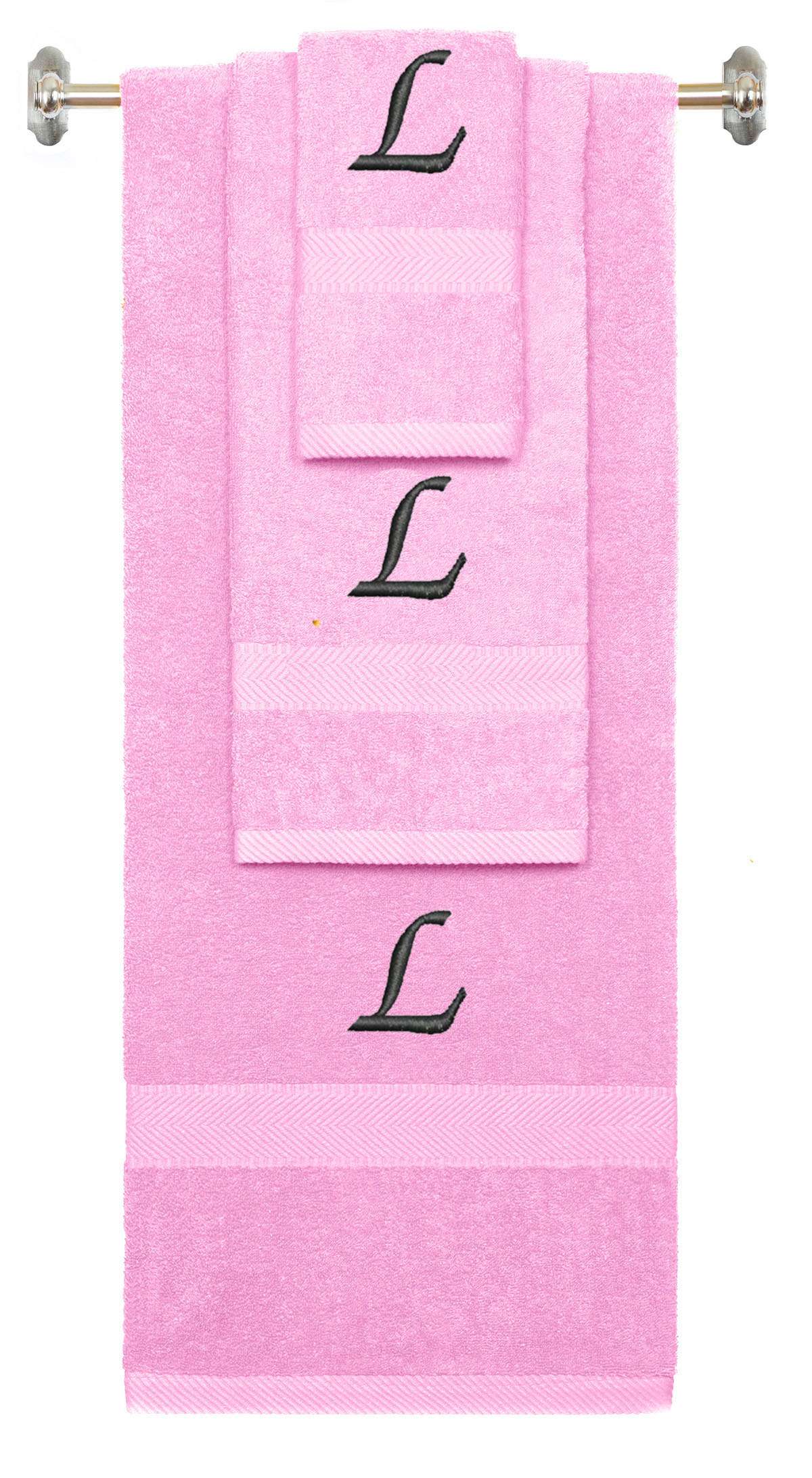 Pink monogrammed towel set with Black thread, Chancery font, initial L - 540 GSM cotton 3-piece