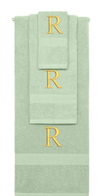 Mint Green monogrammed towel set with Gold thread, Times New Roman font, initial R - 540 GSM cotton 3-piece