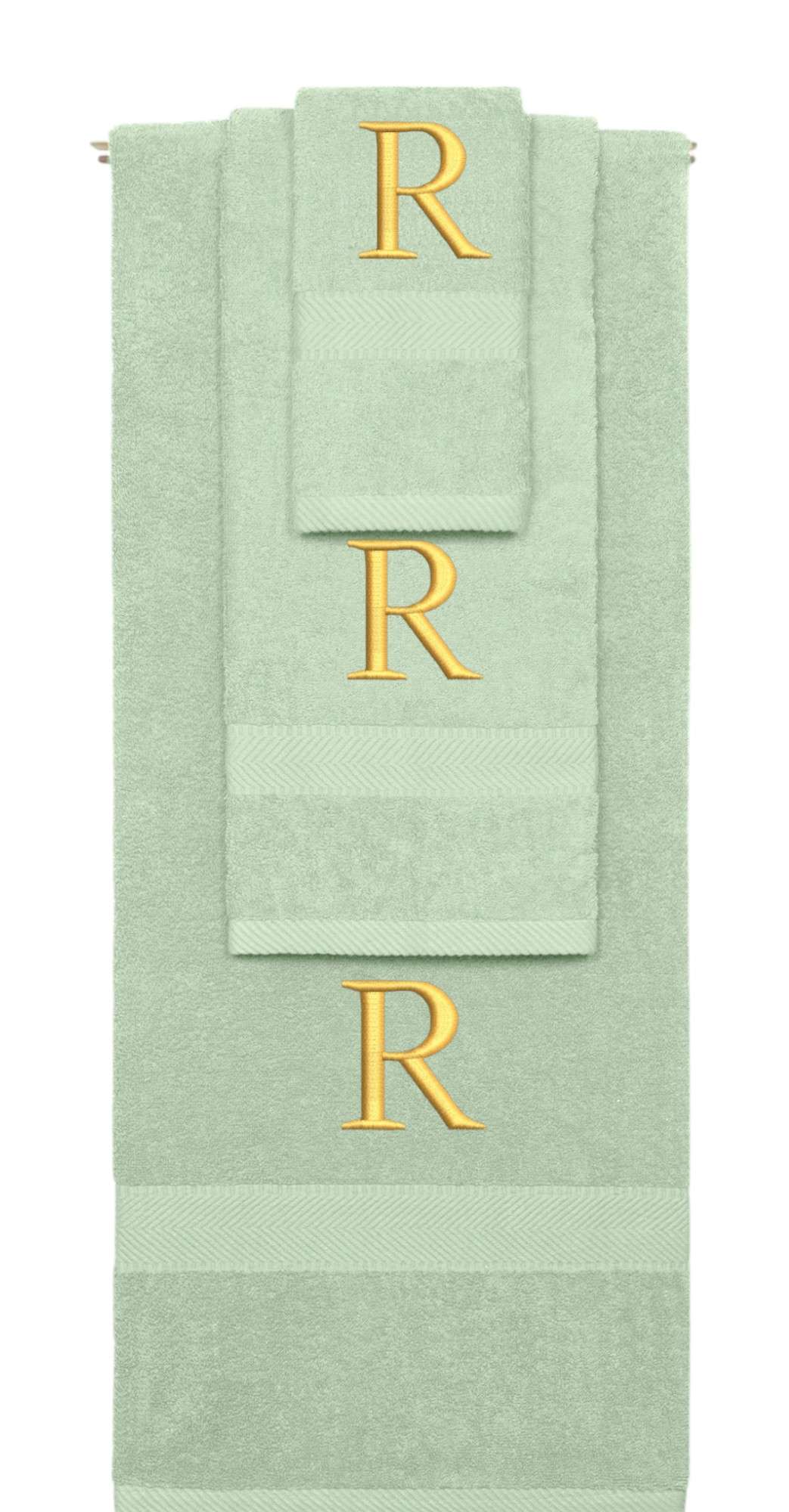 Mint Green monogrammed towel set with Gold thread, Times New Roman font, initial R - 540 GSM cotton 3-piece