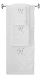 White monogrammed towel set with Silver thread, Chancery font, initial N - 540 GSM cotton 3-piece