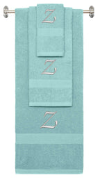 Nautical Teal monogrammed towel set with Silver thread, Chancery font, initial Y - 540 GSM cotton 3-piece