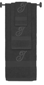 Charcoal monogrammed towel set with Black thread, Diana Script font, initial I - 540 GSM cotton 3-piece