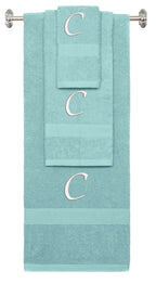 Nautical Teal monogrammed towel set with White thread, Chancery font, initial C - 540 GSM cotton 3-piece