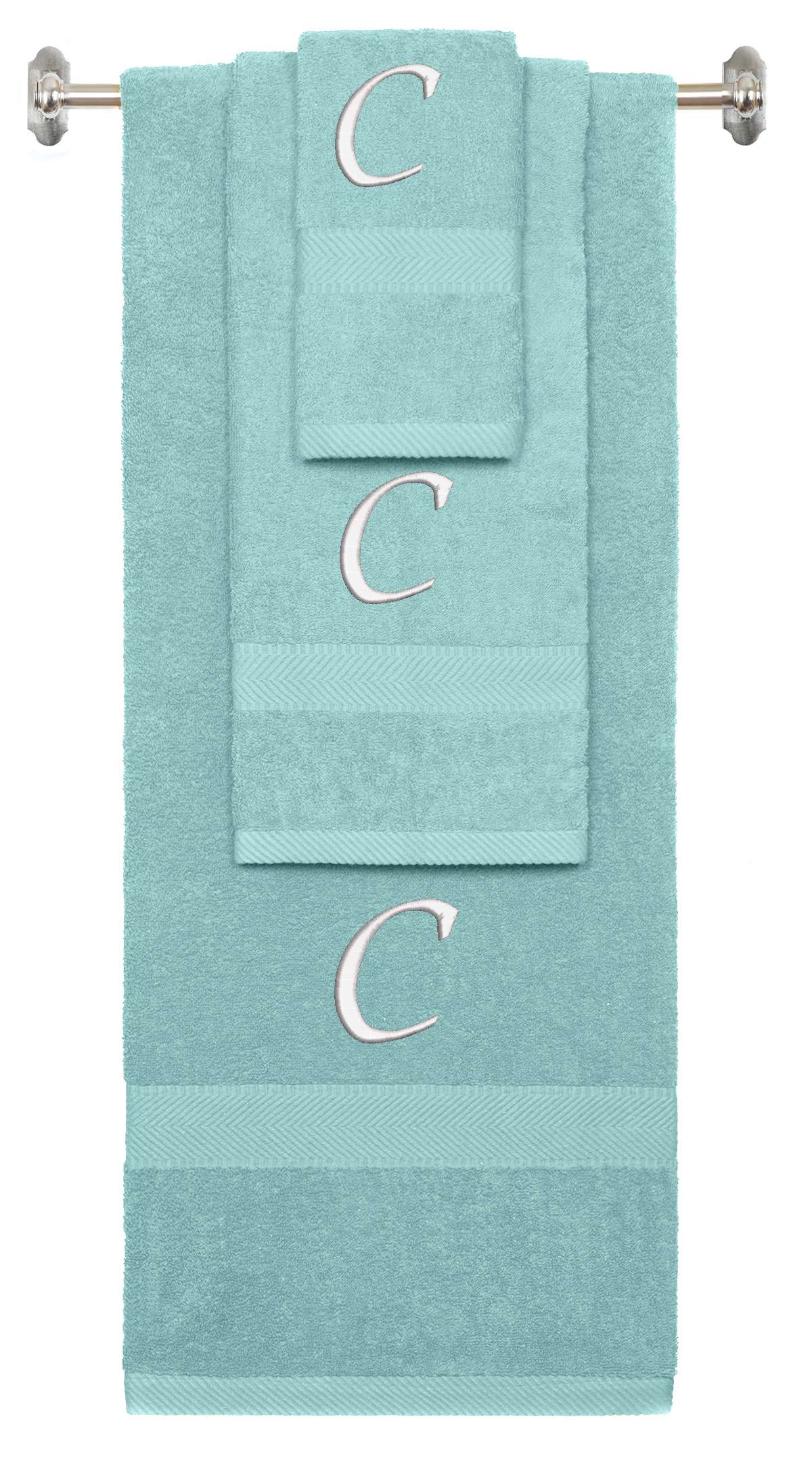 Nautical Teal monogrammed towel set with White thread, Chancery font, initial C - 540 GSM cotton 3-piece