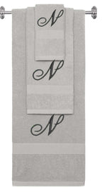 Silver monogrammed towel set with Black thread, Diana Script font, initial N - 540 GSM cotton 3-piece