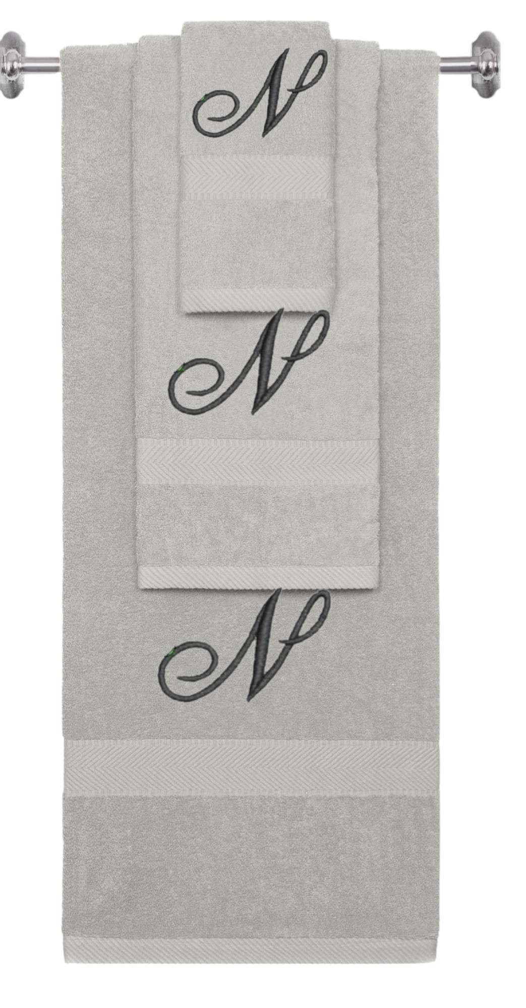 Silver monogrammed towel set with Black thread, Diana Script font, initial N - 540 GSM cotton 3-piece